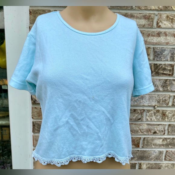 2000 Y2K Mint Green/Light Blue Heart Logo Victorias Secret Cropped Tshirt - Picture 1 of 16